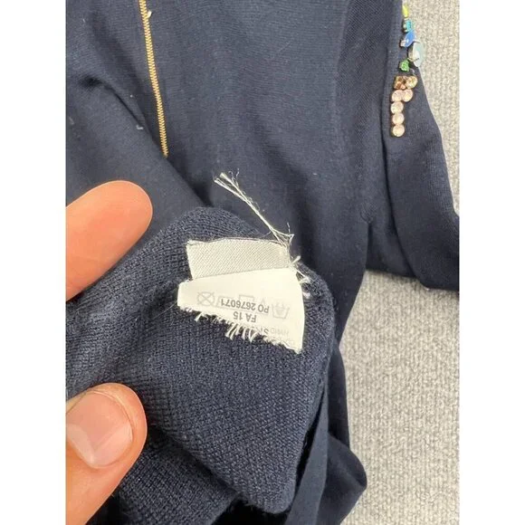 J. Crew Merino Wool Sweater Women's Small Navy Blue Beaded Jewell Pullover - Picture 6 of 6